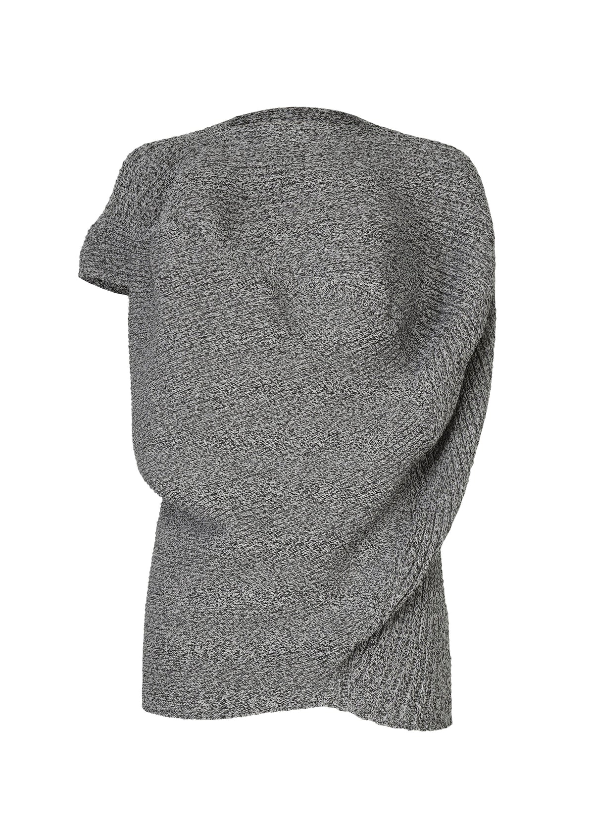 The FOUND STONE by ISSEY MIYAKE is a chunky, gray, asymmetrical knit sweater with one sleeve and an off-shoulder design, showcasing bold sculptural style inspired by stone. view 2 of 7
