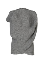 The FOUND STONE by ISSEY MIYAKE is a chunky, gray, asymmetrical knit sweater with one sleeve and an off-shoulder design, showcasing bold sculptural style inspired by stone. - GRAY （no.12）