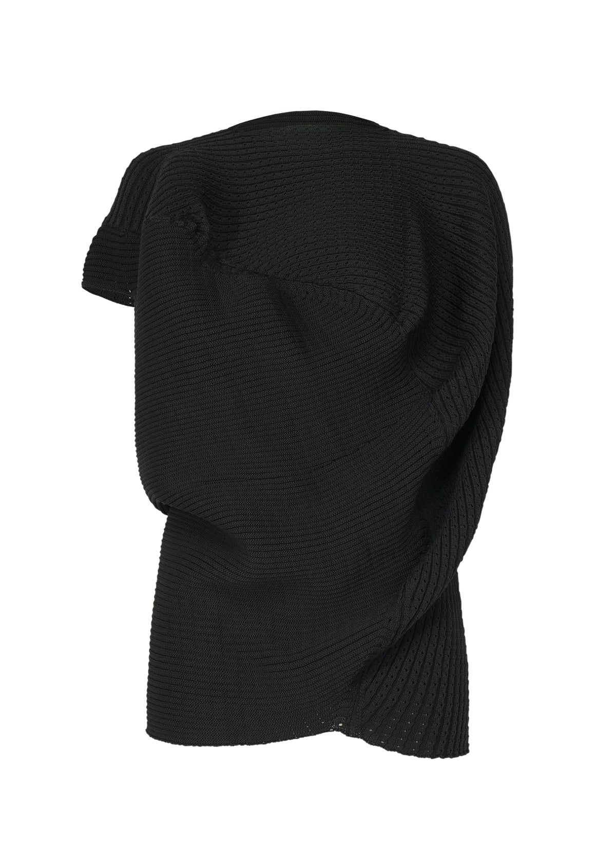 The FOUND STONE scarf by ISSEY MIYAKE—a black, ribbed knit accessory—draped and twisted against a white background, offers an elegant touch that pairs perfectly with organic knitwear. view 3 of 7