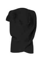 The FOUND STONE scarf by ISSEY MIYAKE—a black, ribbed knit accessory—draped and twisted against a white background, offers an elegant touch that pairs perfectly with organic knitwear. - BLACK （no.15）