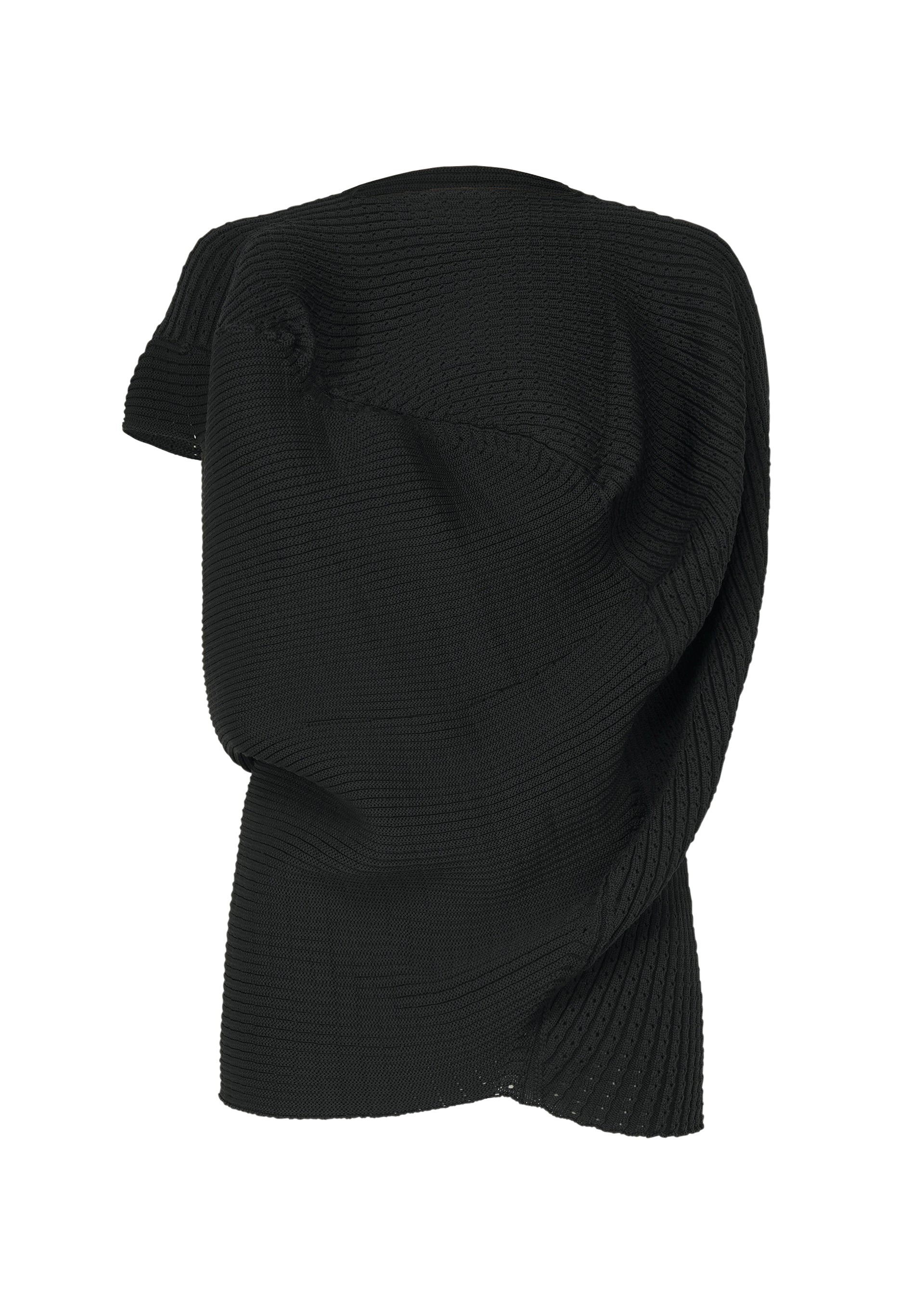 Zoomed view The FOUND STONE scarf by ISSEY MIYAKE—a black, ribbed knit accessory—draped and twisted against a white background, offers an elegant touch that pairs perfectly with organic knitwear. - BLACK （no.15）