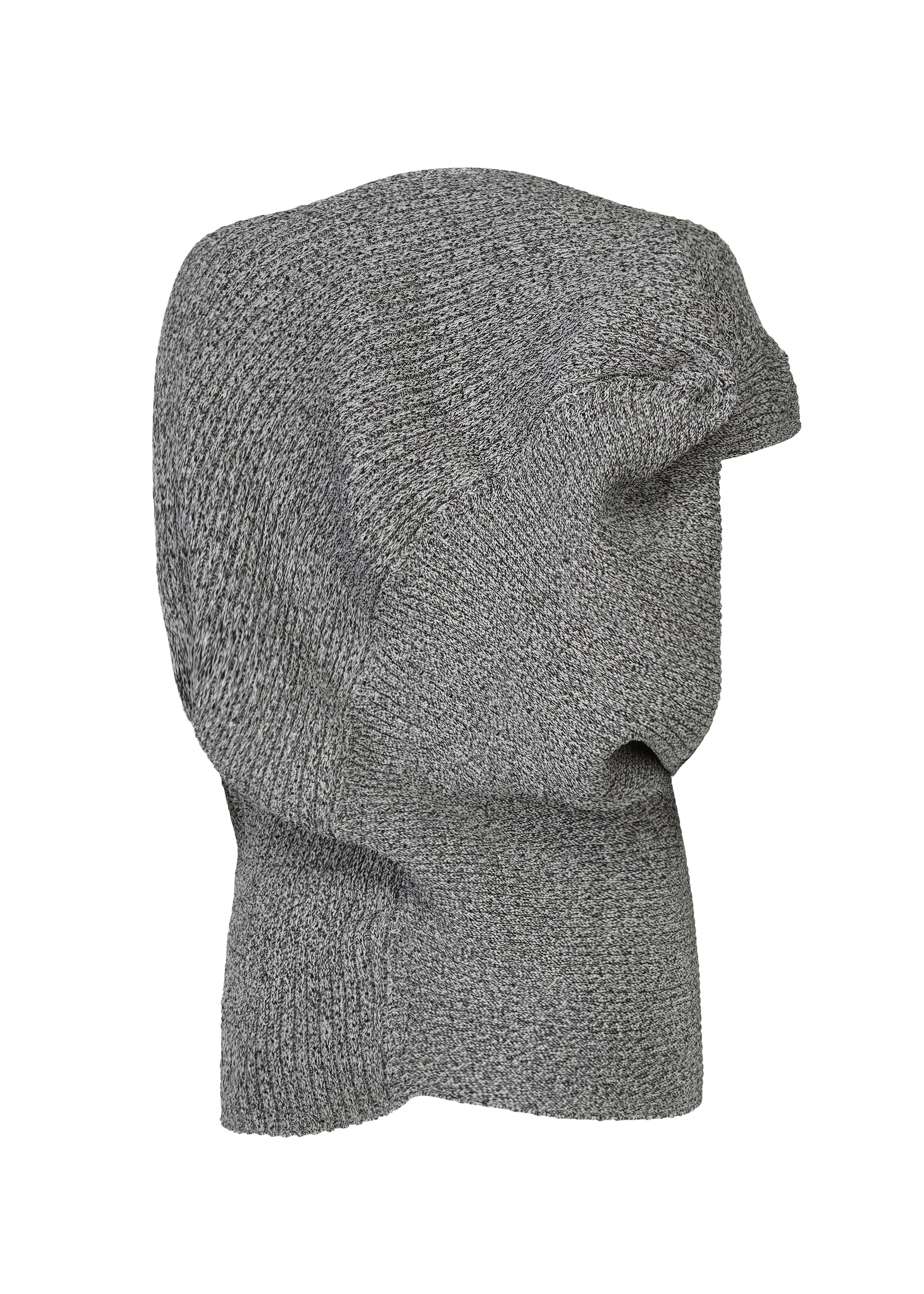 Zoomed view The FOUND STONE beanie by ISSEY MIYAKE is an organic gray knitwear hat, shown on a white background with a side view and the top slouching right.