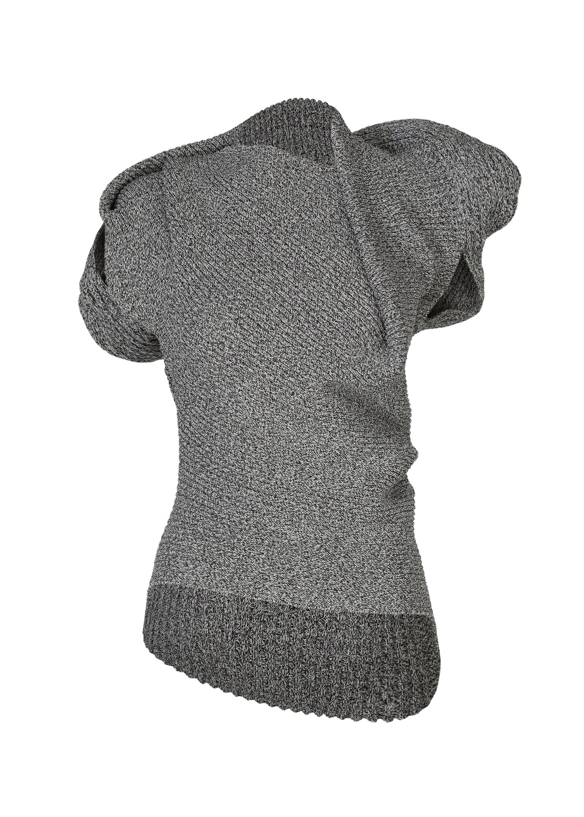 The FOUND STONE by ISSEY MIYAKE is a heather gray, short-sleeved mesh knit top with a wide neckline, textured pattern, and ribbed asymmetric hem, shown on a white background. view 2 of 8