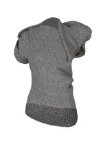 The FOUND STONE by ISSEY MIYAKE is a heather gray, short-sleeved mesh knit top with a wide neckline, textured pattern, and ribbed asymmetric hem, shown on a white background. - GRAY （no.12）