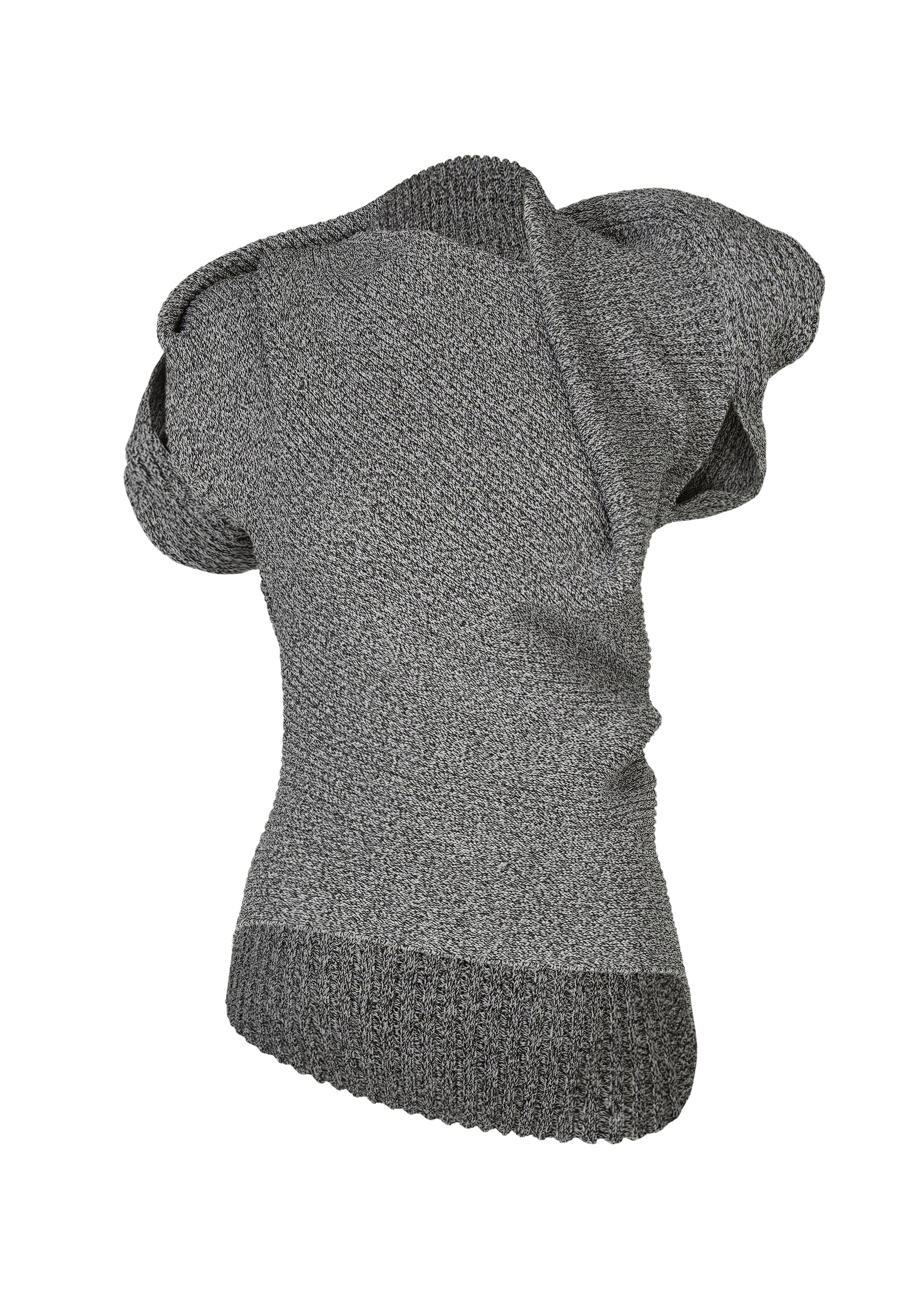 Zoomed view The FOUND STONE by ISSEY MIYAKE is a heather gray, short-sleeved mesh knit top with a wide neckline, textured pattern, and ribbed asymmetric hem, shown on a white background. - GRAY （no.12）