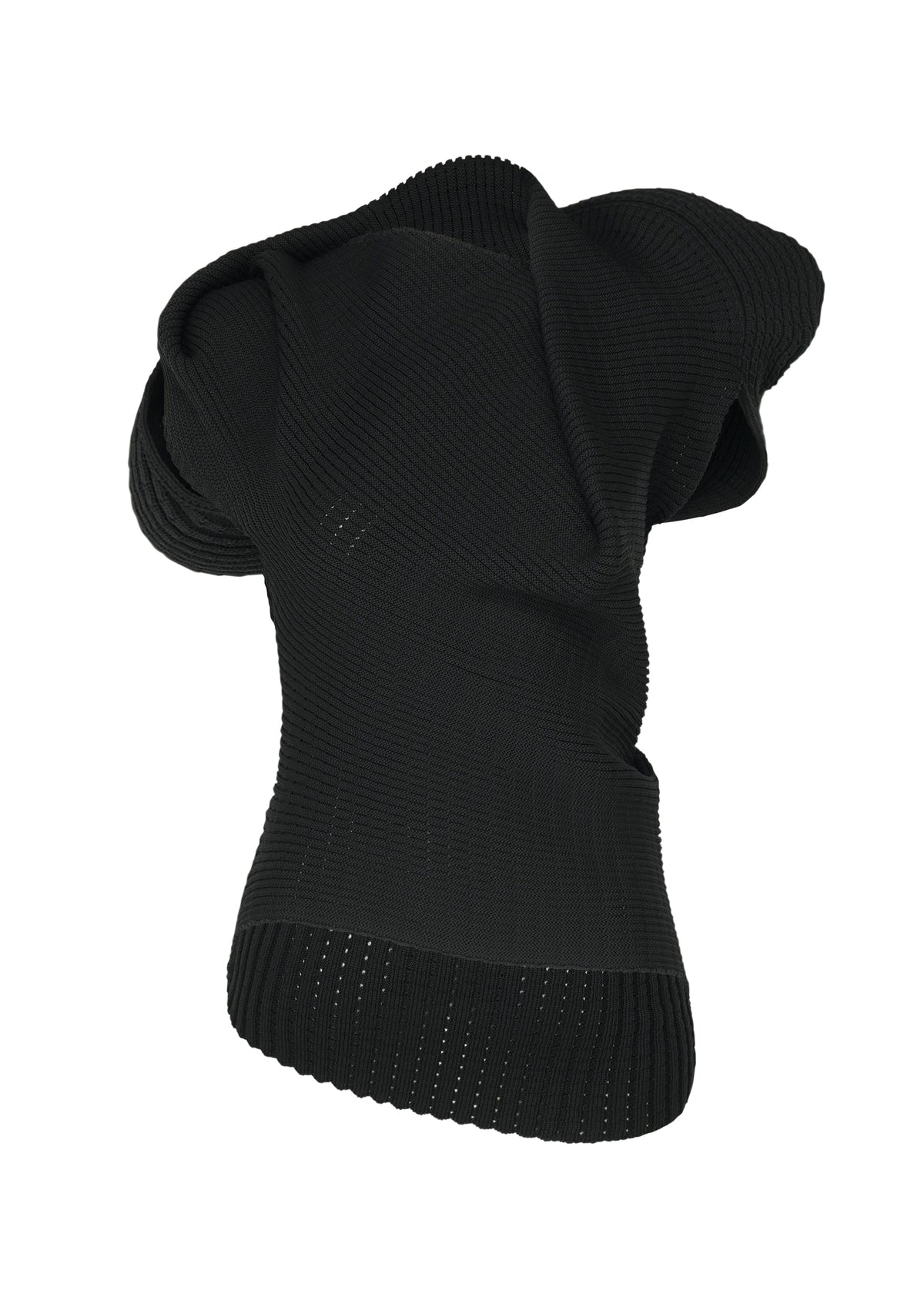 FOUND STONE by ISSEY MIYAKE features a textured black ribbed knit fabric sculpture, artfully twisted and shaped into an abstract, organic clothing design, displayed against a white background. view 3 of 8