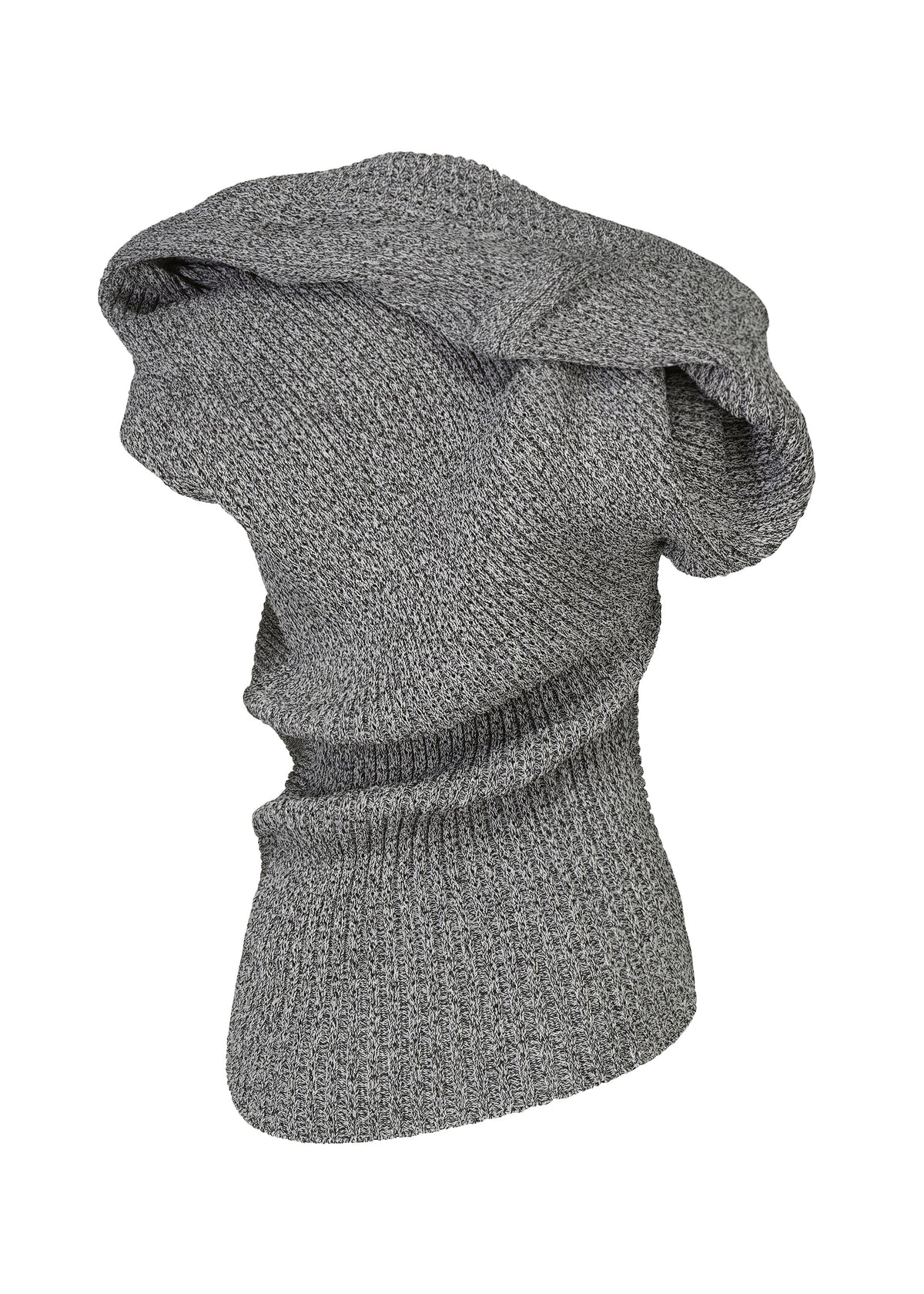 FOUND STONE by ISSEY MIYAKE: A gray, textured knit hooded scarf inspired by organic forms, shown on a white background to display both its hood and elongated neck coverage. view 4 of 8
