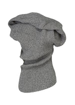 FOUND STONE by ISSEY MIYAKE: A gray, textured knit hooded scarf inspired by organic forms, shown on a white background to display both its hood and elongated neck coverage.