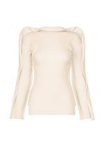 The PRANCE knit top by ISSEY MIYAKE is a cream-colored, long-sleeved sweater with a fitted silhouette and distinctive wavy, sculpted detailing along the shoulders and sleeves. Crafted from recycled polyester yarn, this ribbed piece exudes subtle elegance and is showcased against a plain white background. - IVORY （no.03）