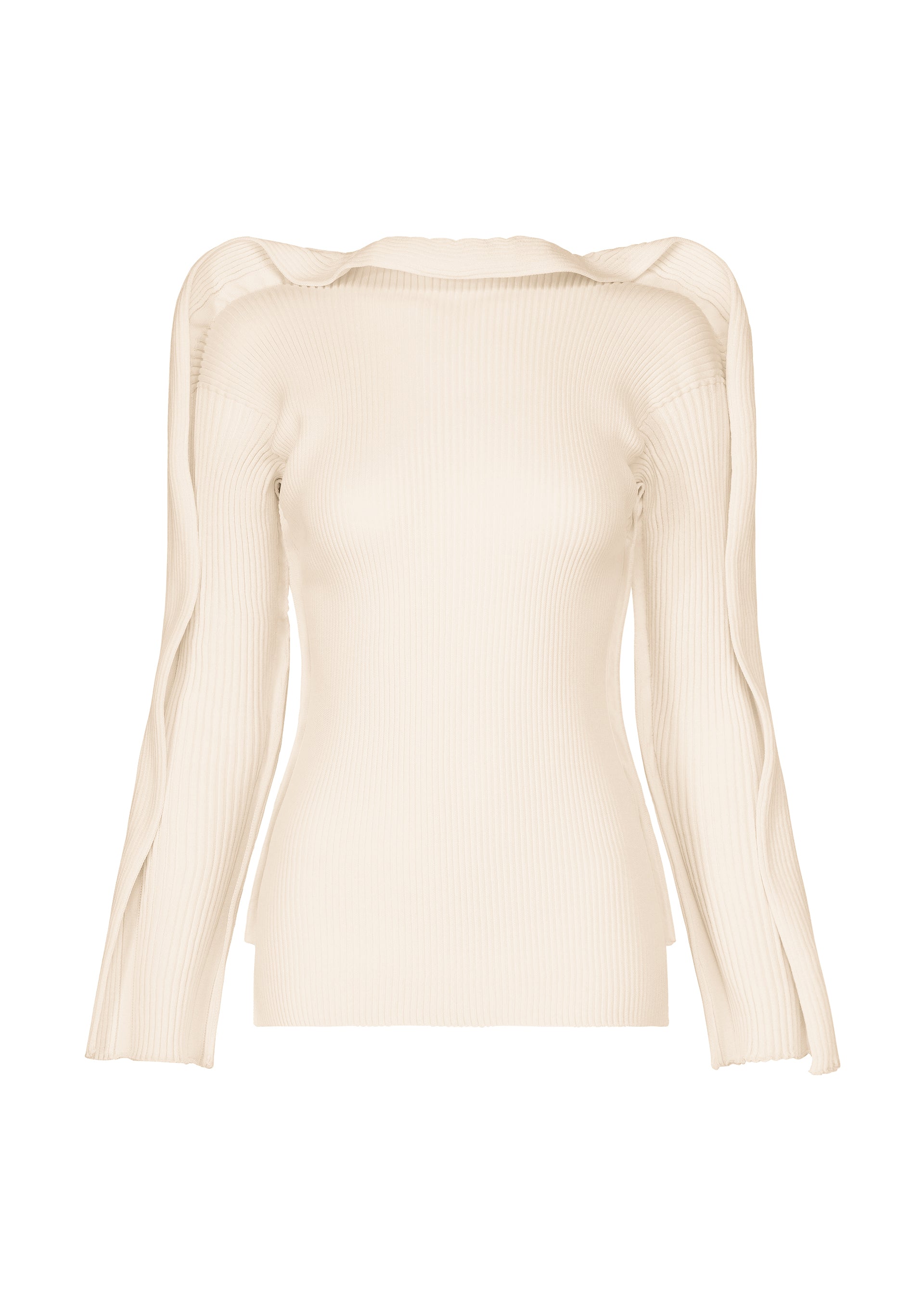 Zoomed view The PRANCE knit top by ISSEY MIYAKE is a cream-colored, long-sleeved sweater with a fitted silhouette and distinctive wavy, sculpted detailing along the shoulders and sleeves. Crafted from recycled polyester yarn, this ribbed piece exudes subtle elegance and is showcased against a plain white background. - IVORY （no.03）