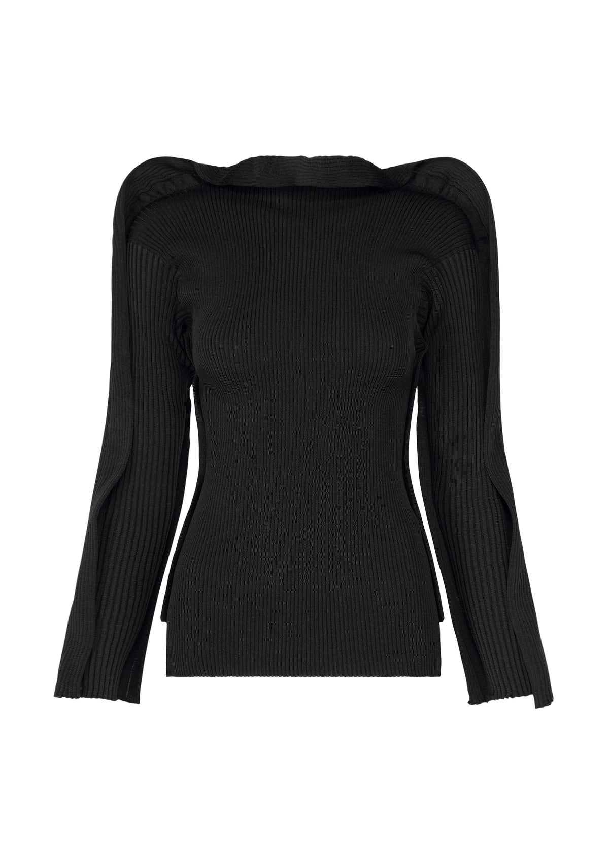 The PRANCE sweater by ISSEY MIYAKE is a black long-sleeve ribbed knit design with structured shoulders and flared sleeves, made from recycled polyester yarn and showcasing a subtle quadrilateral outer frame pattern, all presented against a plain white background. view 2 of 7