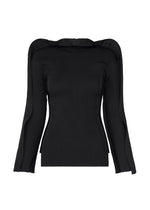 The PRANCE sweater by ISSEY MIYAKE is a black long-sleeve ribbed knit design with structured shoulders and flared sleeves, made from recycled polyester yarn and showcasing a subtle quadrilateral outer frame pattern, all presented against a plain white background. - BLACK （no.15）