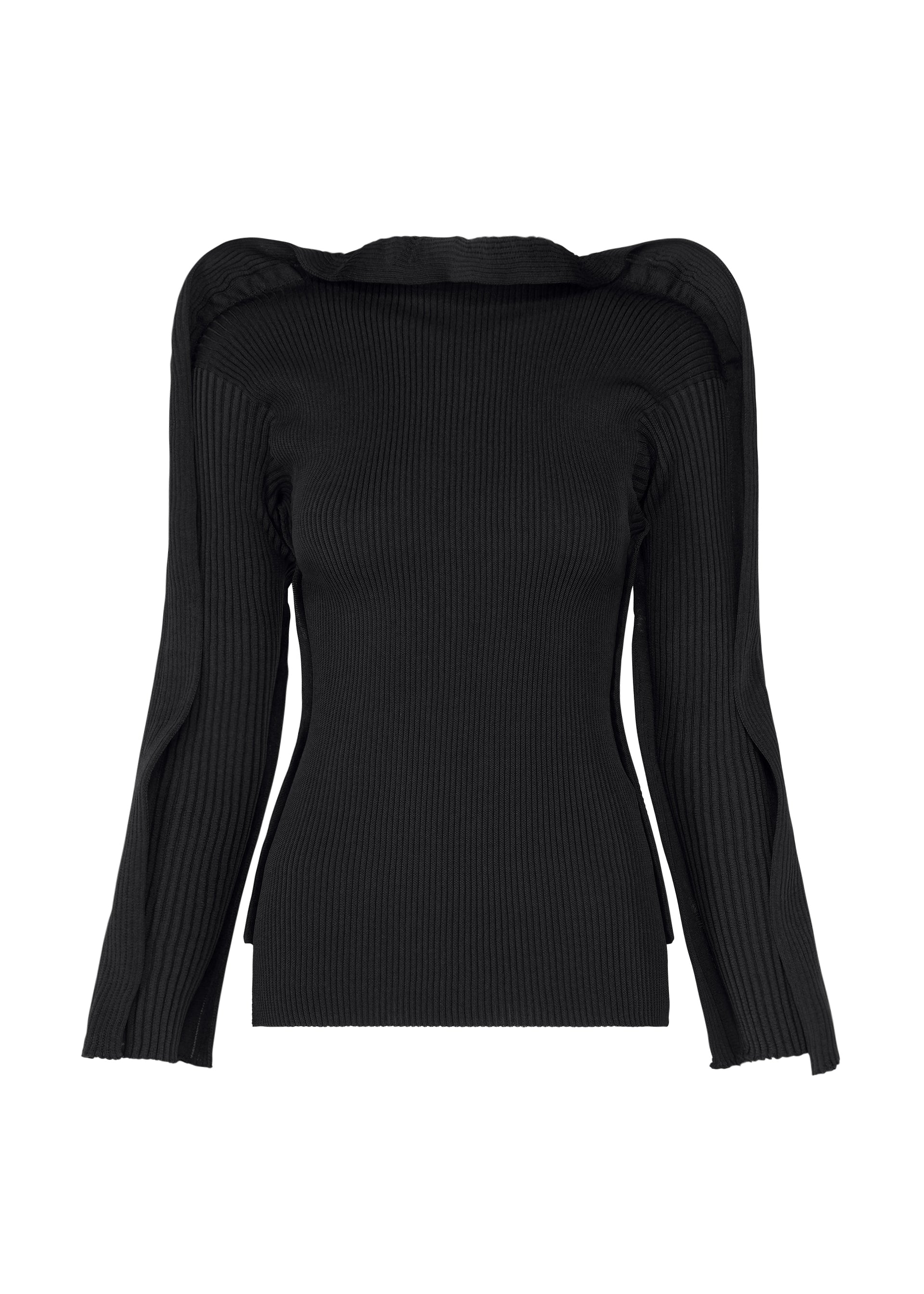 Zoomed view The PRANCE sweater by ISSEY MIYAKE is a black long-sleeve ribbed knit design with structured shoulders and flared sleeves, made from recycled polyester yarn and showcasing a subtle quadrilateral outer frame pattern, all presented against a plain white background. - BLACK （no.15）