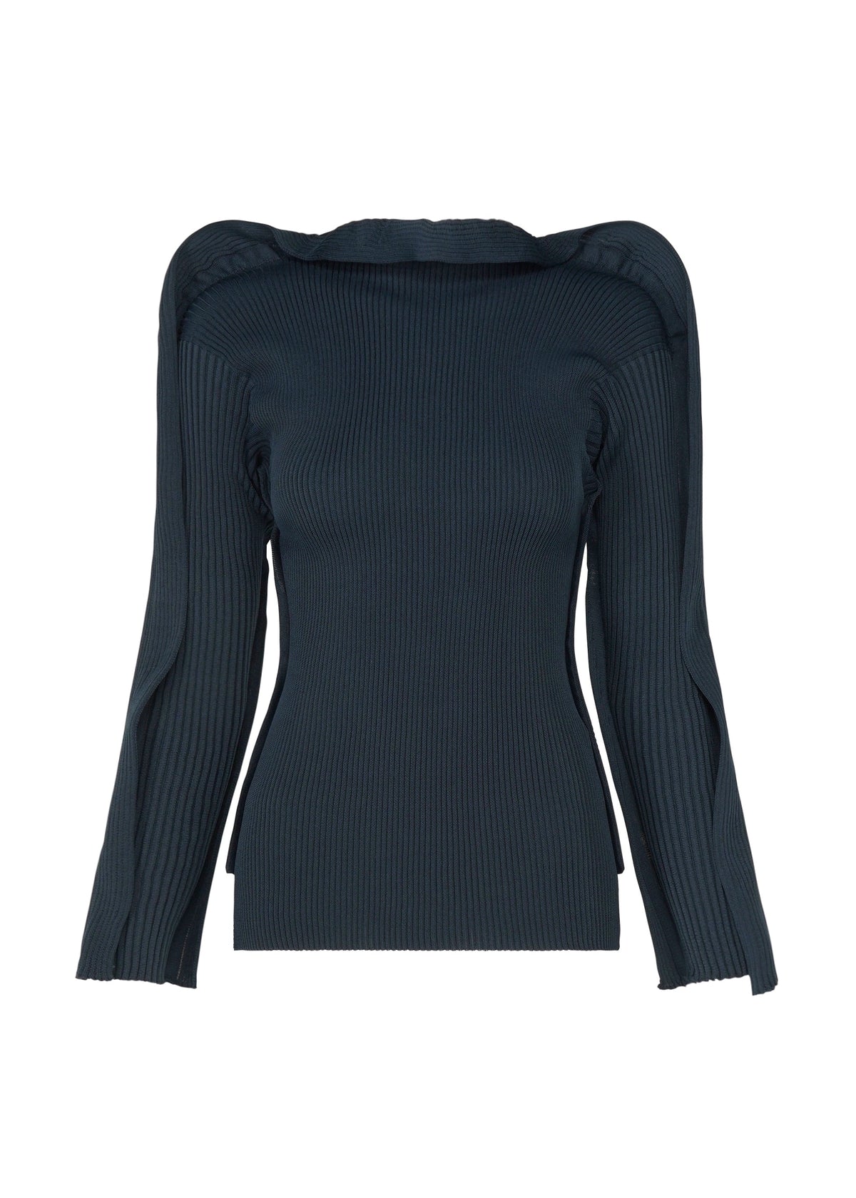 The PRANCE top by ISSEY MIYAKE is a dark green, long-sleeved ribbed knit crafted from recycled polyester yarn. It features structured shoulders, slightly flared cuffs, and a fitted silhouette enhanced by a subtle quadrilateral outer frame pattern. The garment is displayed on a white background. view 3 of 7