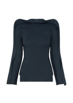 The PRANCE top by ISSEY MIYAKE is a dark green, long-sleeved ribbed knit crafted from recycled polyester yarn. It features structured shoulders, slightly flared cuffs, and a fitted silhouette enhanced by a subtle quadrilateral outer frame pattern. The garment is displayed on a white background. - NAVY （no.75）