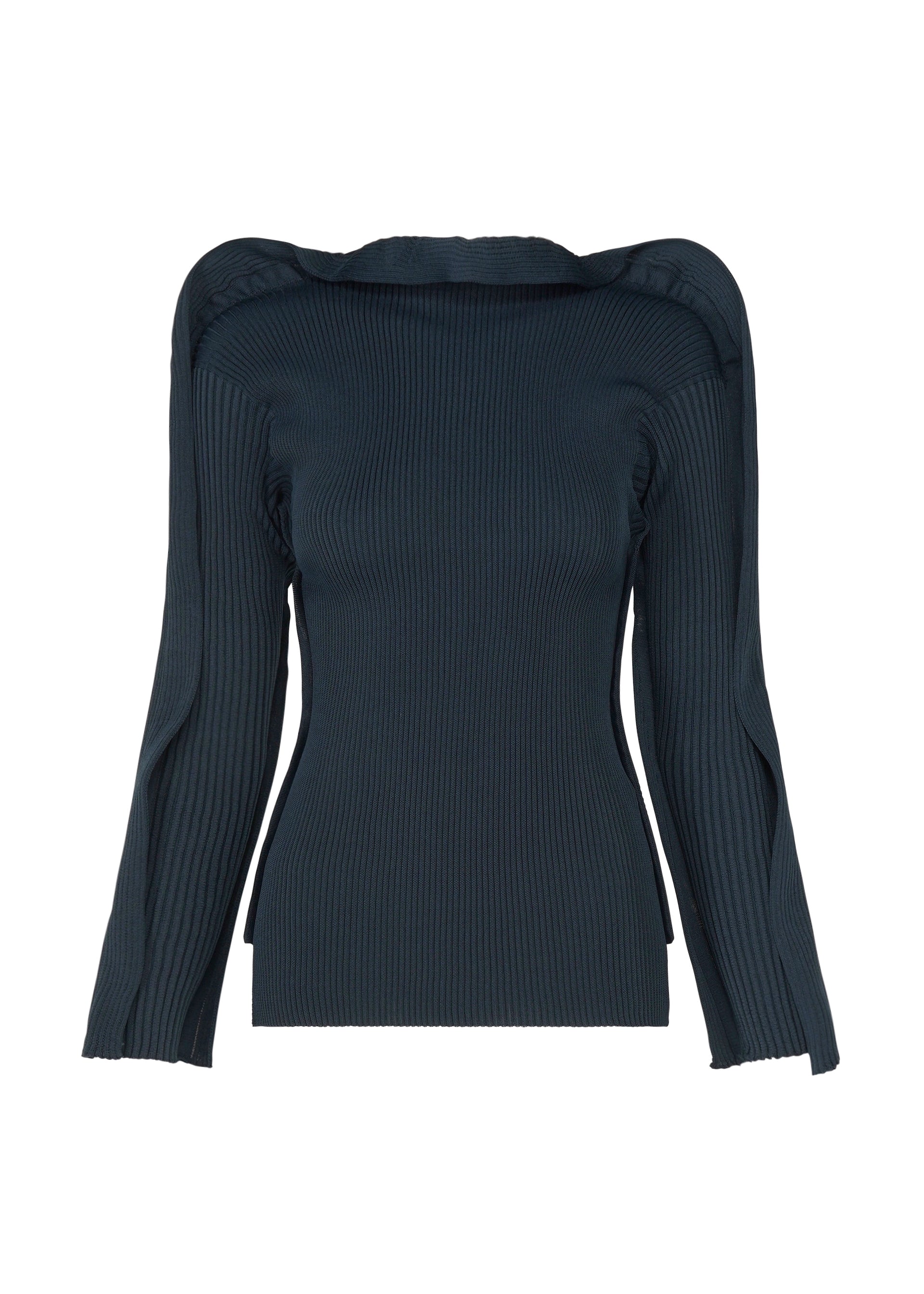 Zoomed view The PRANCE top by ISSEY MIYAKE is a dark green, long-sleeved ribbed knit crafted from recycled polyester yarn. It features structured shoulders, slightly flared cuffs, and a fitted silhouette enhanced by a subtle quadrilateral outer frame pattern. The garment is displayed on a white background. - NAVY （no.75）
