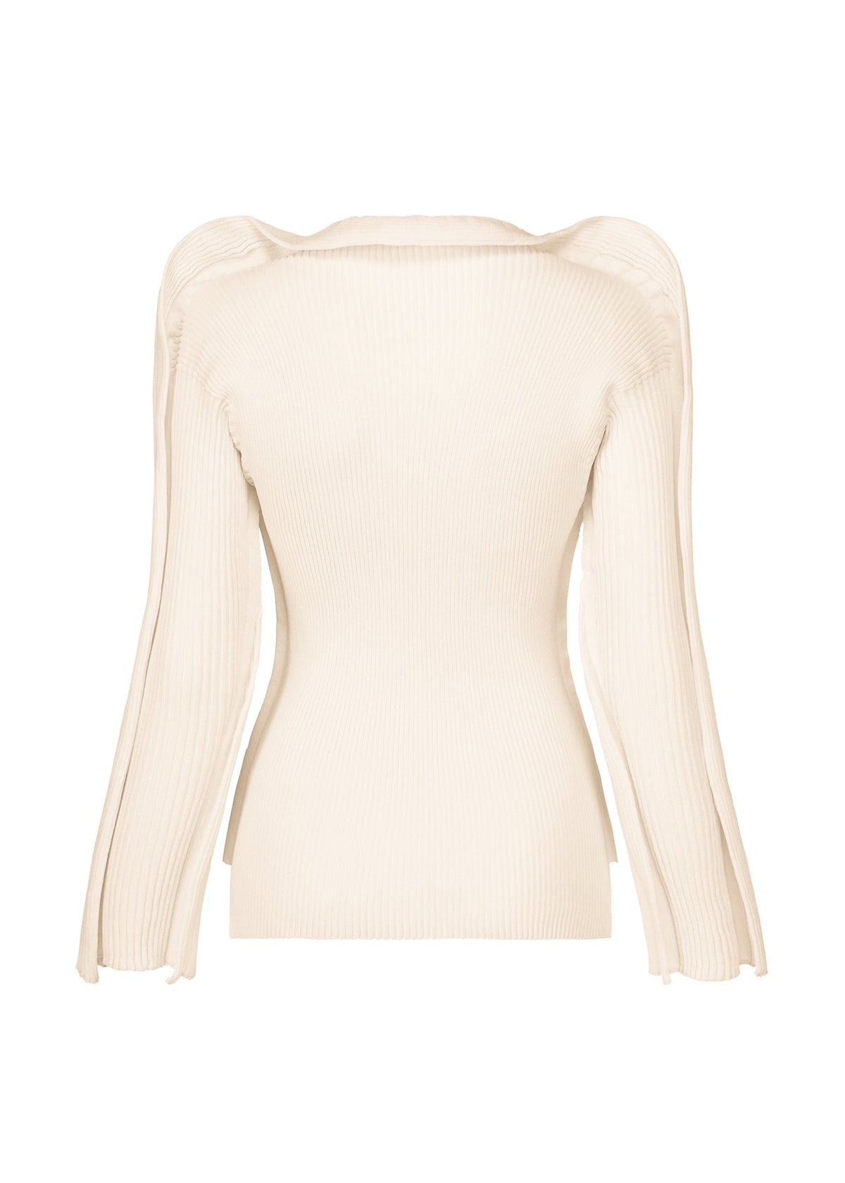The PRANCE sweater by ISSEY MIYAKE is a beige, long-sleeved knit top with a fitted silhouette, gently puffed shoulders, and subtle side slits at the hem. Crafted from soft recycled polyester yarn and featuring a delicate ribbed texture, this piece is shown from the back. view 4 of 7