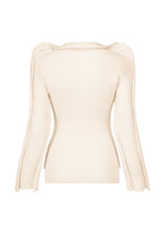 The PRANCE sweater by ISSEY MIYAKE is a beige, long-sleeved knit top with a fitted silhouette, gently puffed shoulders, and subtle side slits at the hem. Crafted from soft recycled polyester yarn and featuring a delicate ribbed texture, this piece is shown from the back.