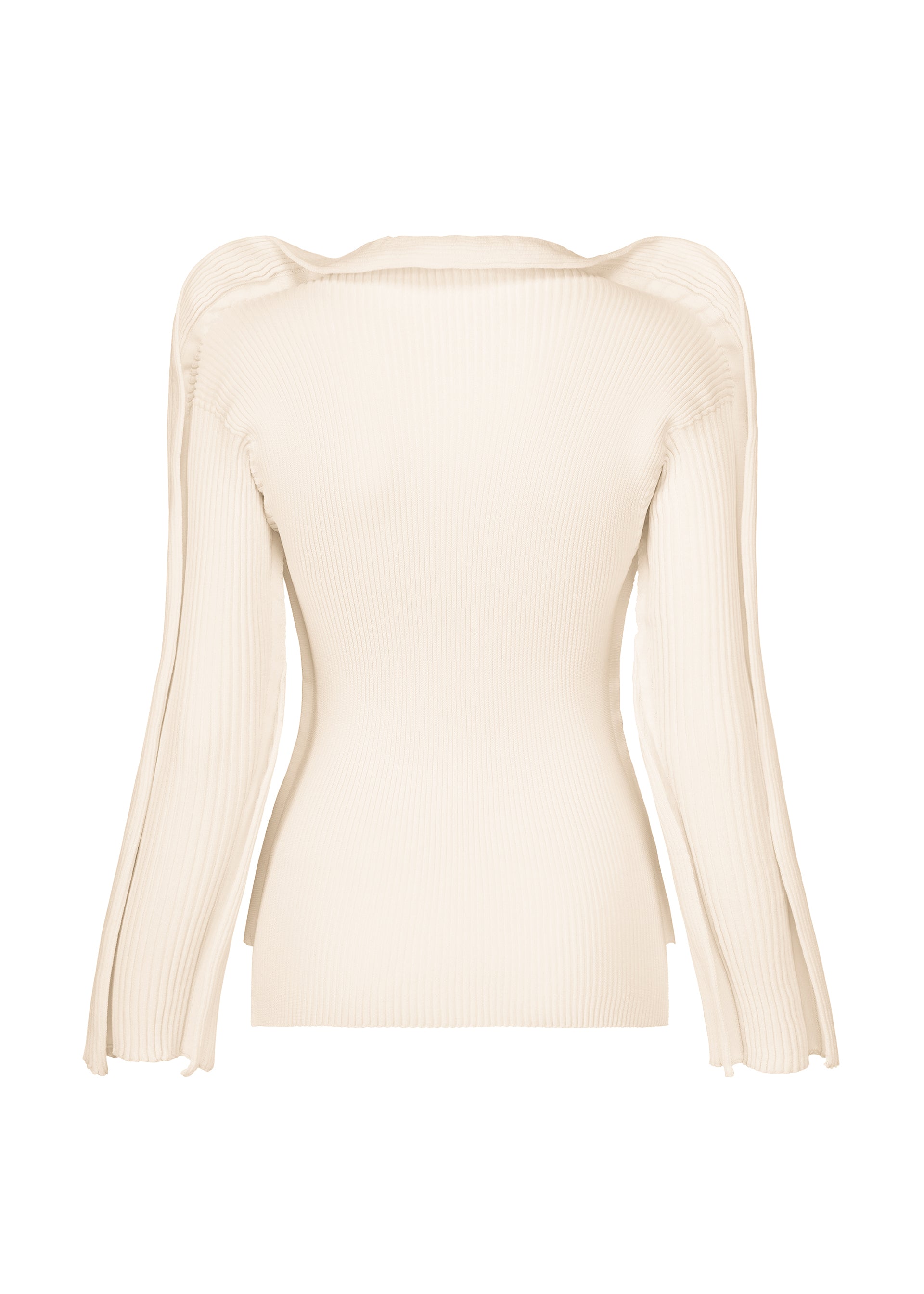Zoomed view The PRANCE sweater by ISSEY MIYAKE is a beige, long-sleeved knit top with a fitted silhouette, gently puffed shoulders, and subtle side slits at the hem. Crafted from soft recycled polyester yarn and featuring a delicate ribbed texture, this piece is shown from the back.