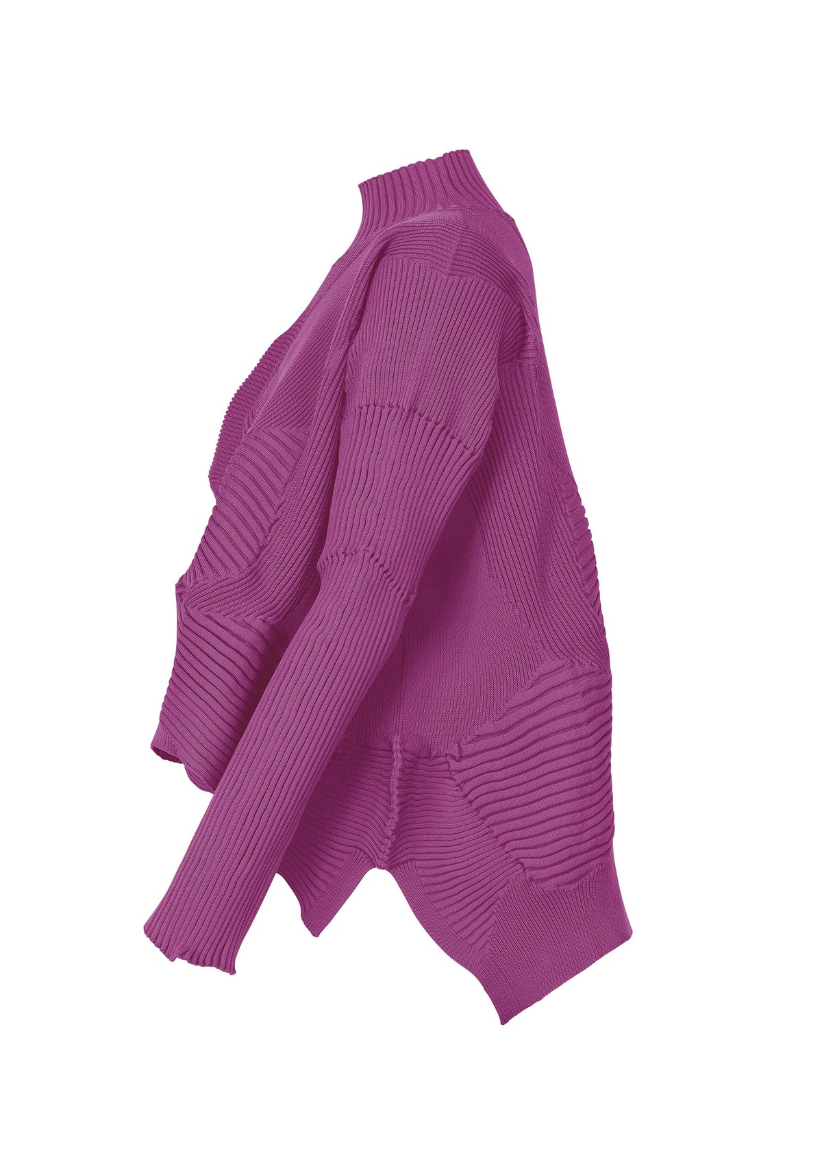 Here is the rewritten sentence using the given product data: The ISSEY MIYAKE KONE KONE is a bright purple, long-sleeved knit top with uniquely angled seams and a ribbed texture, displayed on a white background and viewed from the left side. view 3 of 6