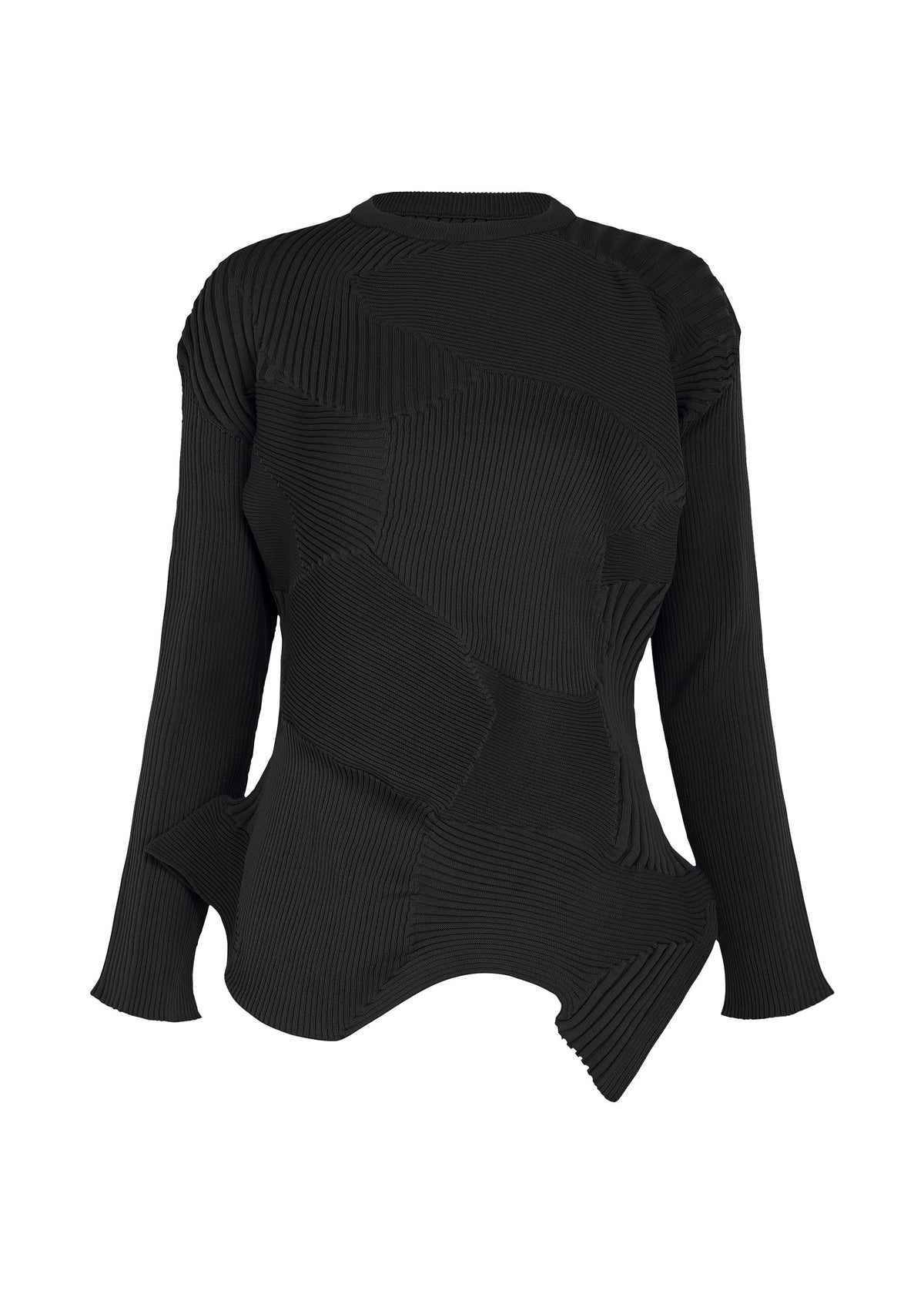 ISSEY MIYAKE’s KONE KONE is a black long-sleeved knit top featuring an asymmetrical hem and textured, patchwork-like ribbed patterns throughout the fabric. view 1 of 5