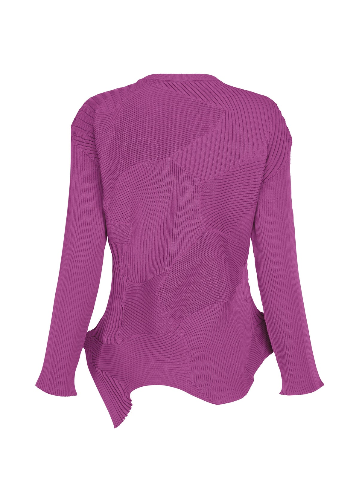 A long-sleeved KONE KONE textured knit top by ISSEY MIYAKE, featuring magenta patchwork patterns and an uneven hem, displayed on a white background. view 2 of 5