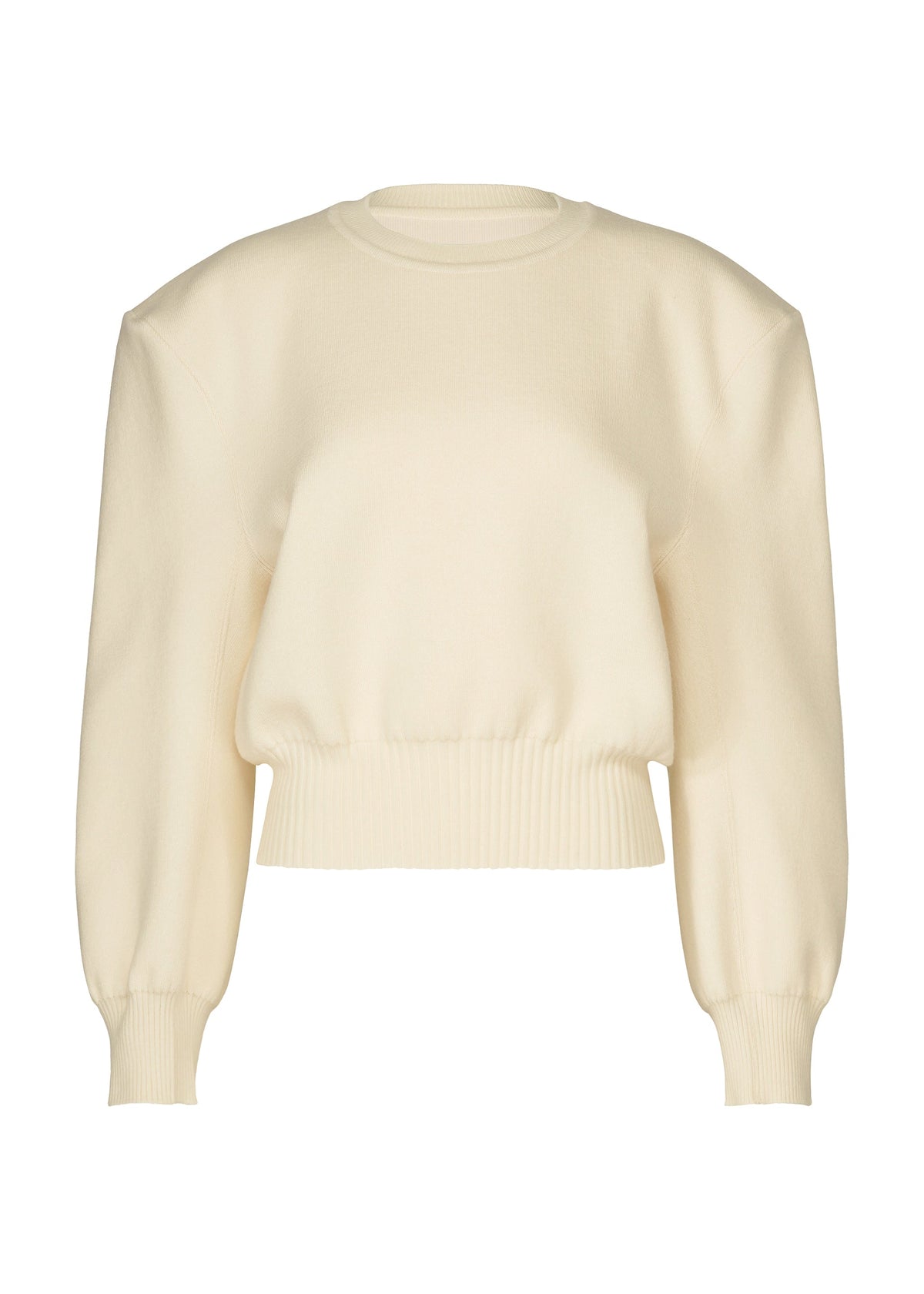 Zoomed view The HANDSOME KNIT by ISSEY MIYAKE is a cream-colored, long-sleeve top with ribbed cuffs, waistband, and crew neckline plus a three-dimensional shoulder, shown against a white background. - OFF-WHITE （no.02）