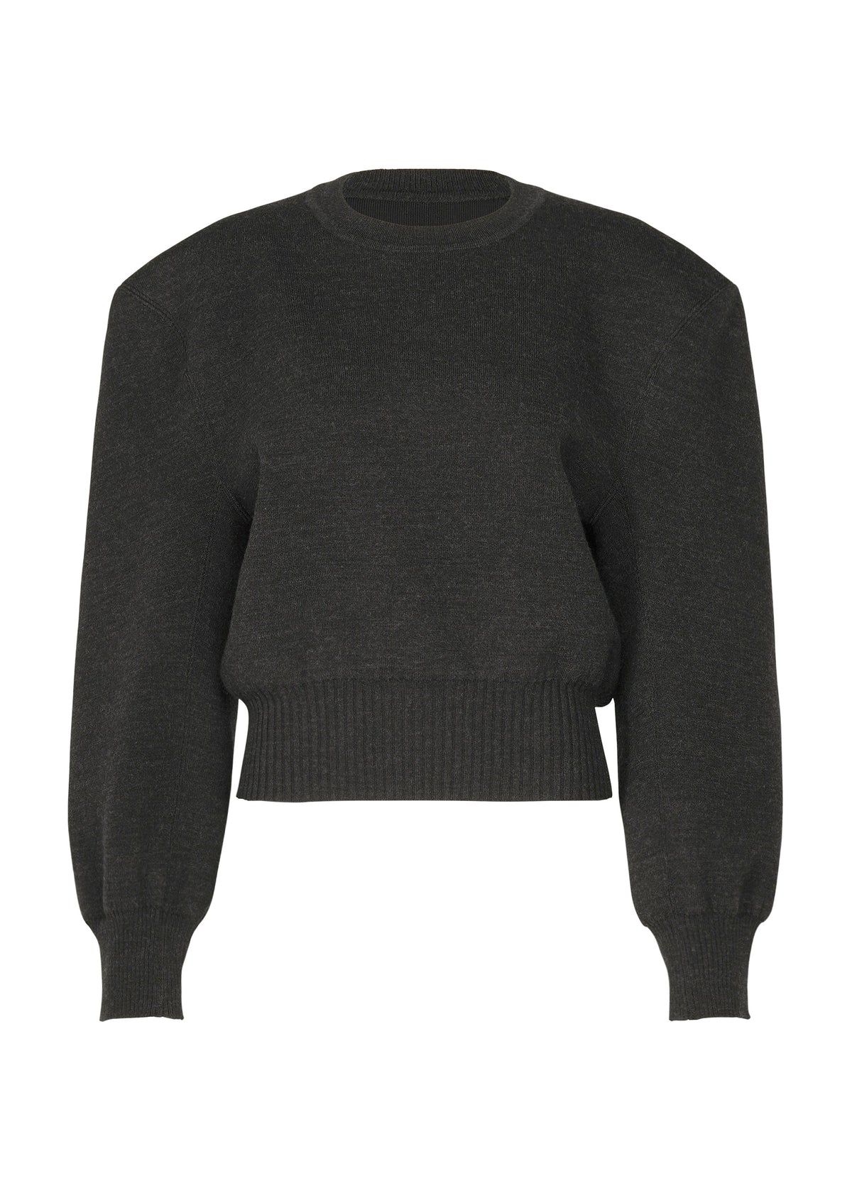 The HANDSOME KNIT by ISSEY MIYAKE is a charcoal grey, long-sleeve top with 3D shoulder detailing, crew neck, and ribbed cuffs and waistband, shown on a white background. view 2 of 6