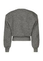 A gray, long-sleeve ISSEY MIYAKE HANDSOME KNIT top shown from the back, featuring a wide waistband and sculptural three-dimensional shoulders.
