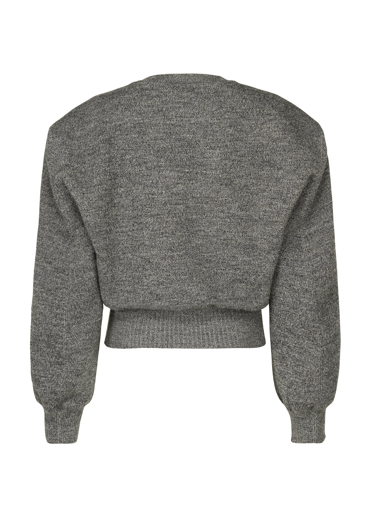 Zoomed view A gray, long-sleeve ISSEY MIYAKE HANDSOME KNIT top shown from the back, featuring a wide waistband and sculptural three-dimensional shoulders.