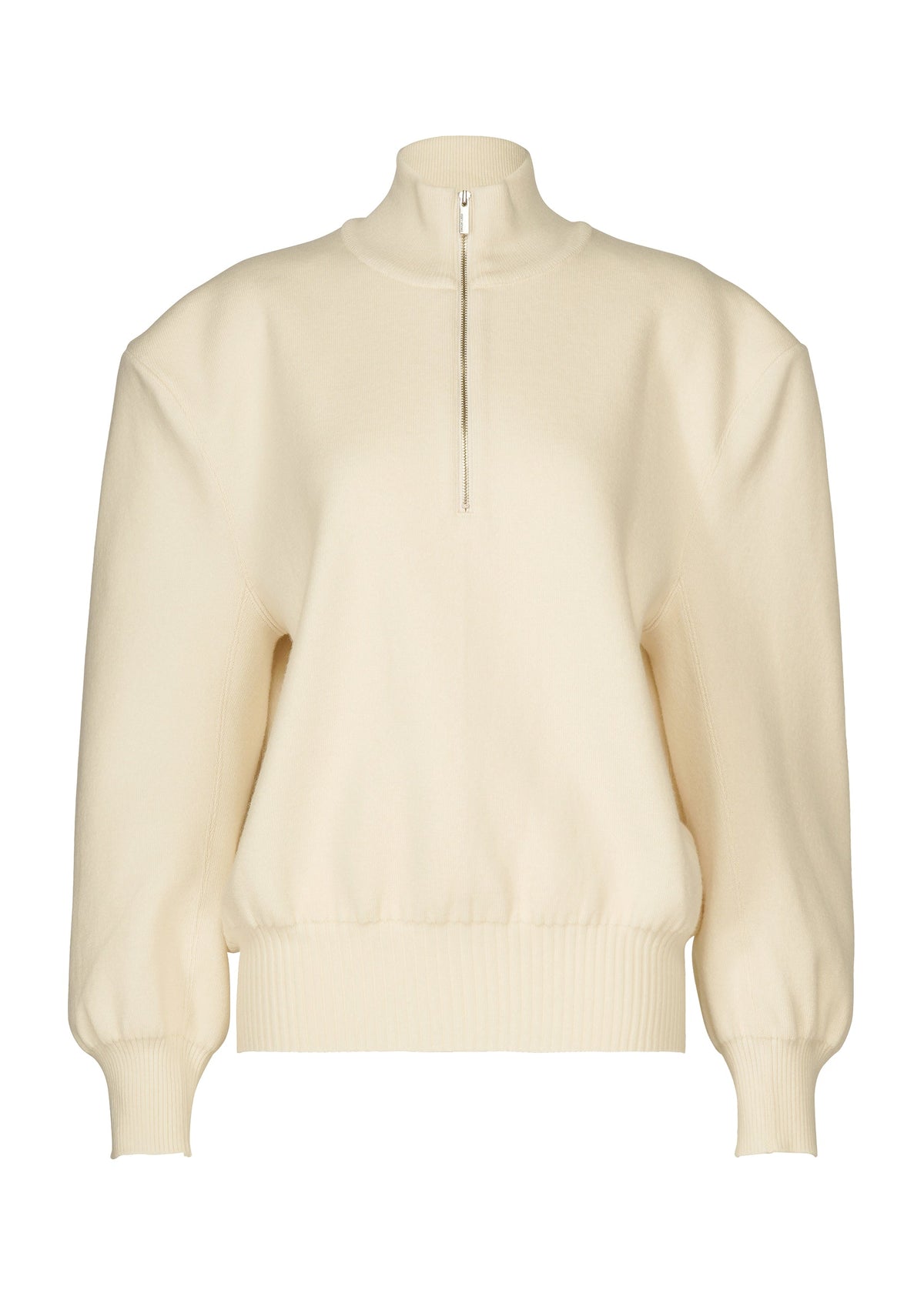 Ivory HANDSOME KNIT by ISSEY MIYAKE with a high collar, half-zip front, long balloon sleeves with 3D shoulders, ribbed cuffs and hem. No visible logos or patterns. view 1 of 6