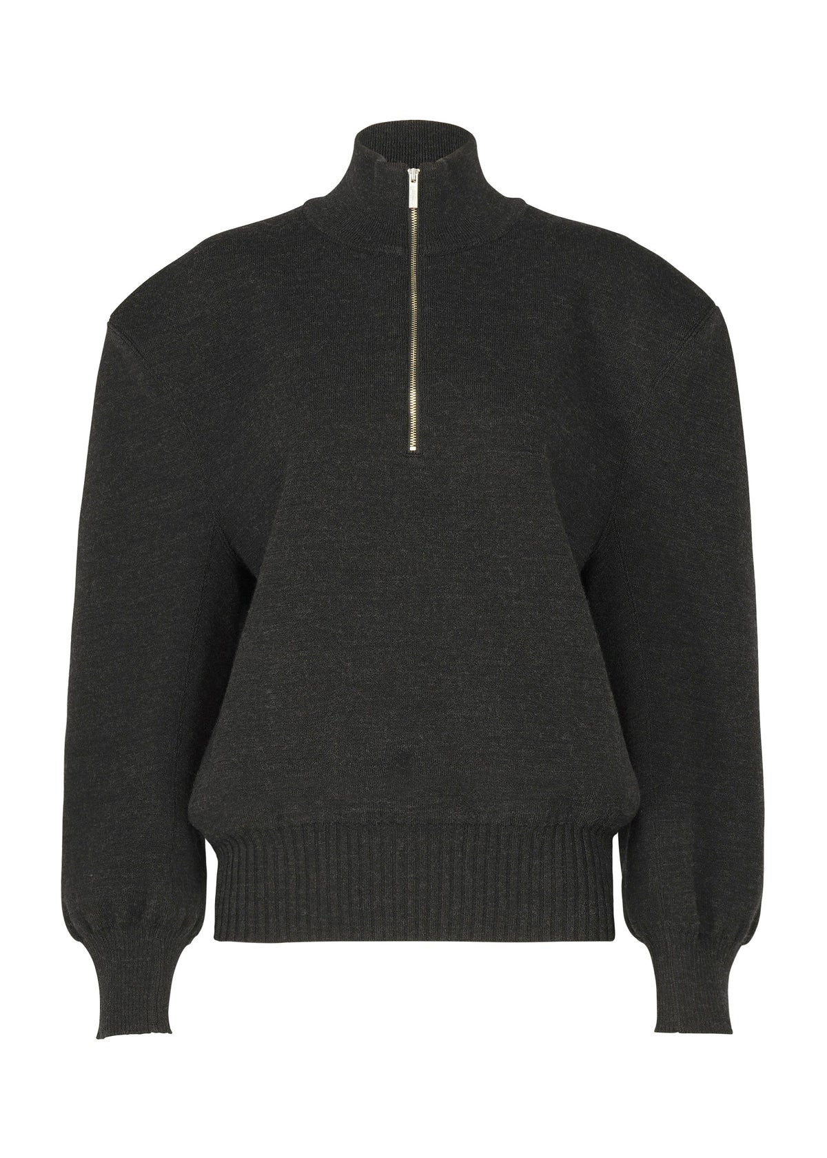 A dark gray ISSEY MIYAKE HANDSOME KNIT pullover with a high collar, 3D shoulder detail, half-zip front, and ribbed cuffs and waistband. view 2 of 6
