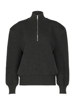 A dark gray ISSEY MIYAKE HANDSOME KNIT pullover with a high collar, 3D shoulder detail, half-zip front, and ribbed cuffs and waistband. - BLACK （no.15）