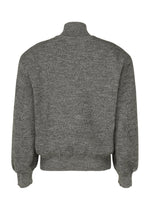 Back view of a gray HANDSOME KNIT by ISSEY MIYAKE, a long-sleeve knit sweater with three-dimensional shoulders, high collar, and ribbed cuffs and waistband, shown on a plain white background.