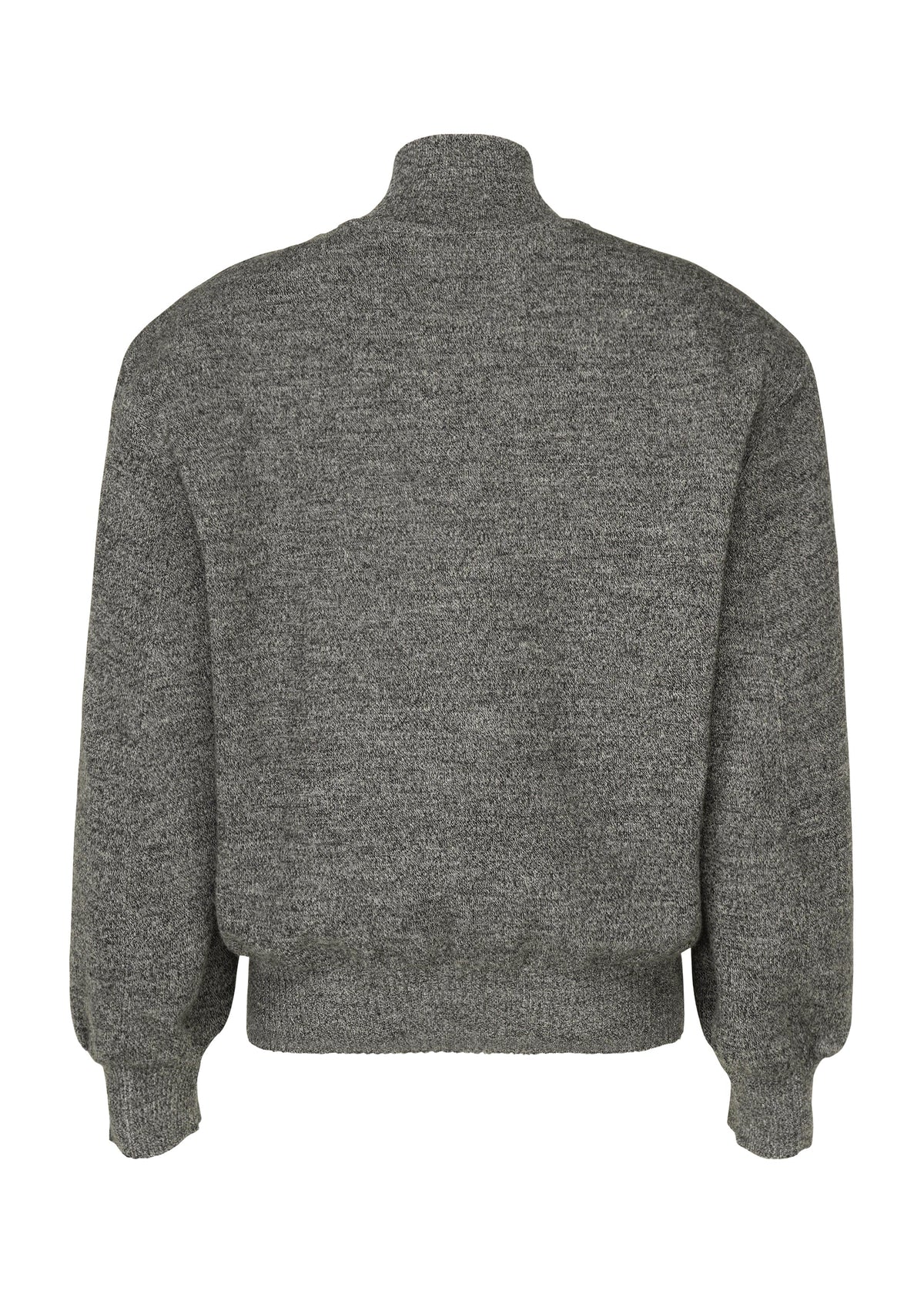 Zoomed view Back view of a gray HANDSOME KNIT by ISSEY MIYAKE, a long-sleeve knit sweater with three-dimensional shoulders, high collar, and ribbed cuffs and waistband, shown on a plain white background.