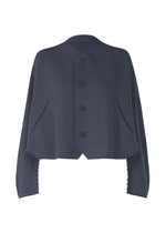 The CAMPAGNE by ISSEY MIYAKE is a dark blue, cropped, cape-style jacket made from innovative A-POC material, featuring four front buttons, diagonal side pockets, and zigzag-edged sleeves and hem. - DARK NAVY （no.78）