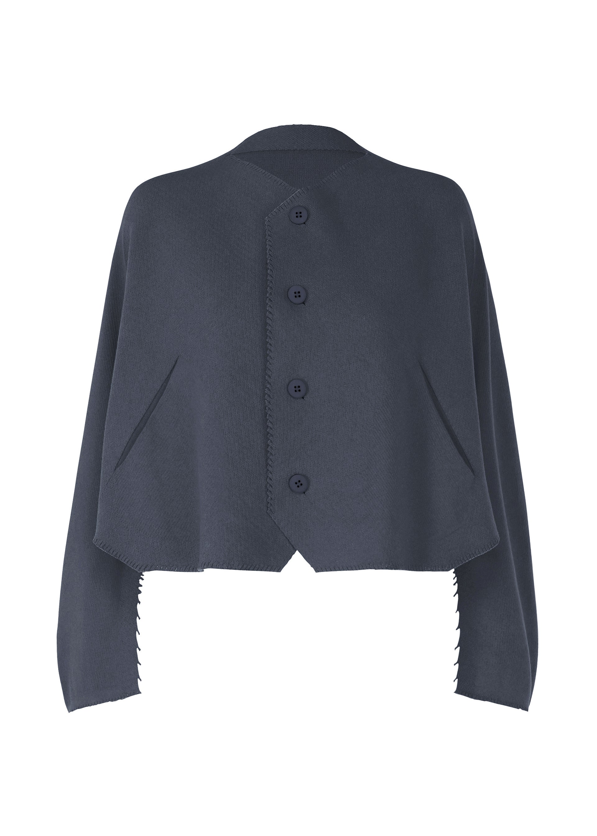 Zoomed view The CAMPAGNE by ISSEY MIYAKE is a dark blue, cropped, cape-style jacket made from innovative A-POC material, featuring four front buttons, diagonal side pockets, and zigzag-edged sleeves and hem. - DARK NAVY （no.78）