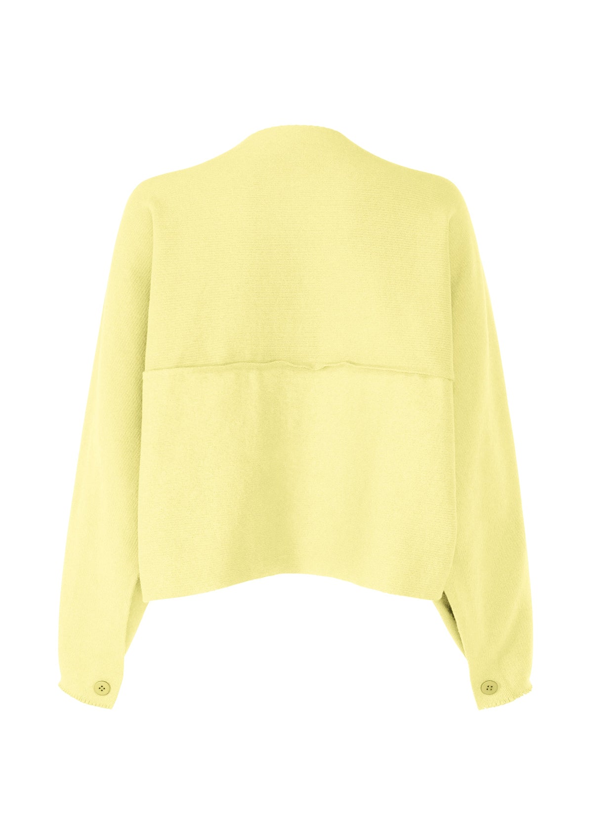 A back view of the CAMPAGNE sweater by ISSEY MIYAKE, featuring a light yellow, long-sleeve, cropped design crafted from stretchy A-POC material with a slightly loose fit and buttoned cuffs. view 2 of 5