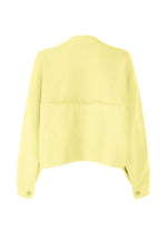 A back view of the CAMPAGNE sweater by ISSEY MIYAKE, featuring a light yellow, long-sleeve, cropped design crafted from stretchy A-POC material with a slightly loose fit and buttoned cuffs.