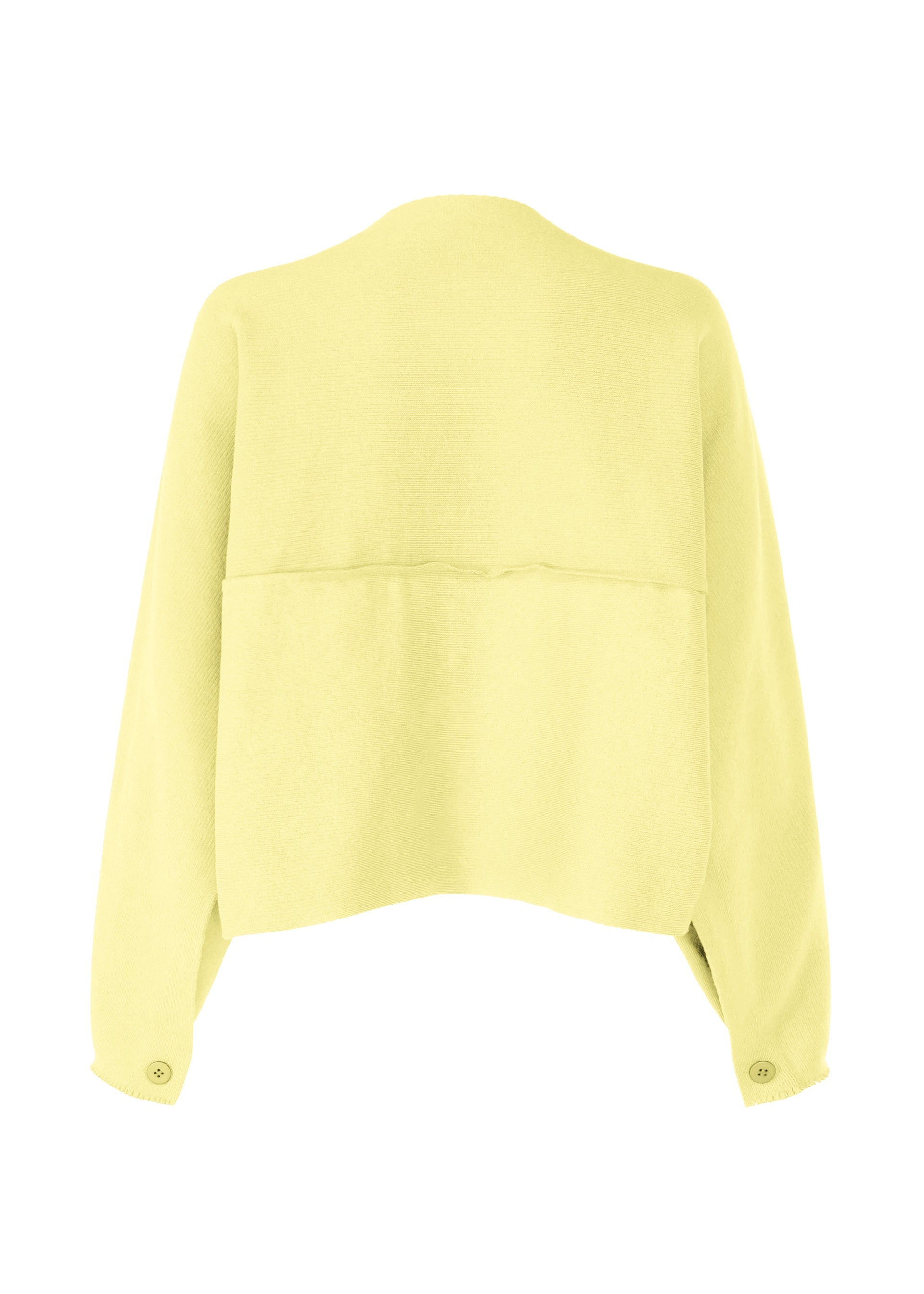 Zoomed view A back view of the CAMPAGNE sweater by ISSEY MIYAKE, featuring a light yellow, long-sleeve, cropped design crafted from stretchy A-POC material with a slightly loose fit and buttoned cuffs.