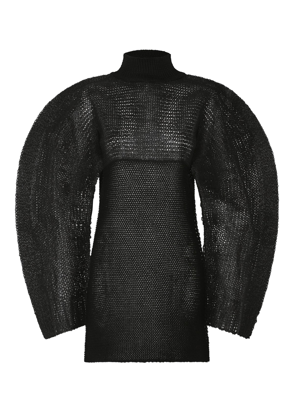 Zoomed view The PANINI PULLED by ISSEY MIYAKE is a black mesh dress with dramatic puff sleeves, a high ribbed neck, and fitted silhouette, inspired by sculptural style and sheer textures. - BLACK （no.15）