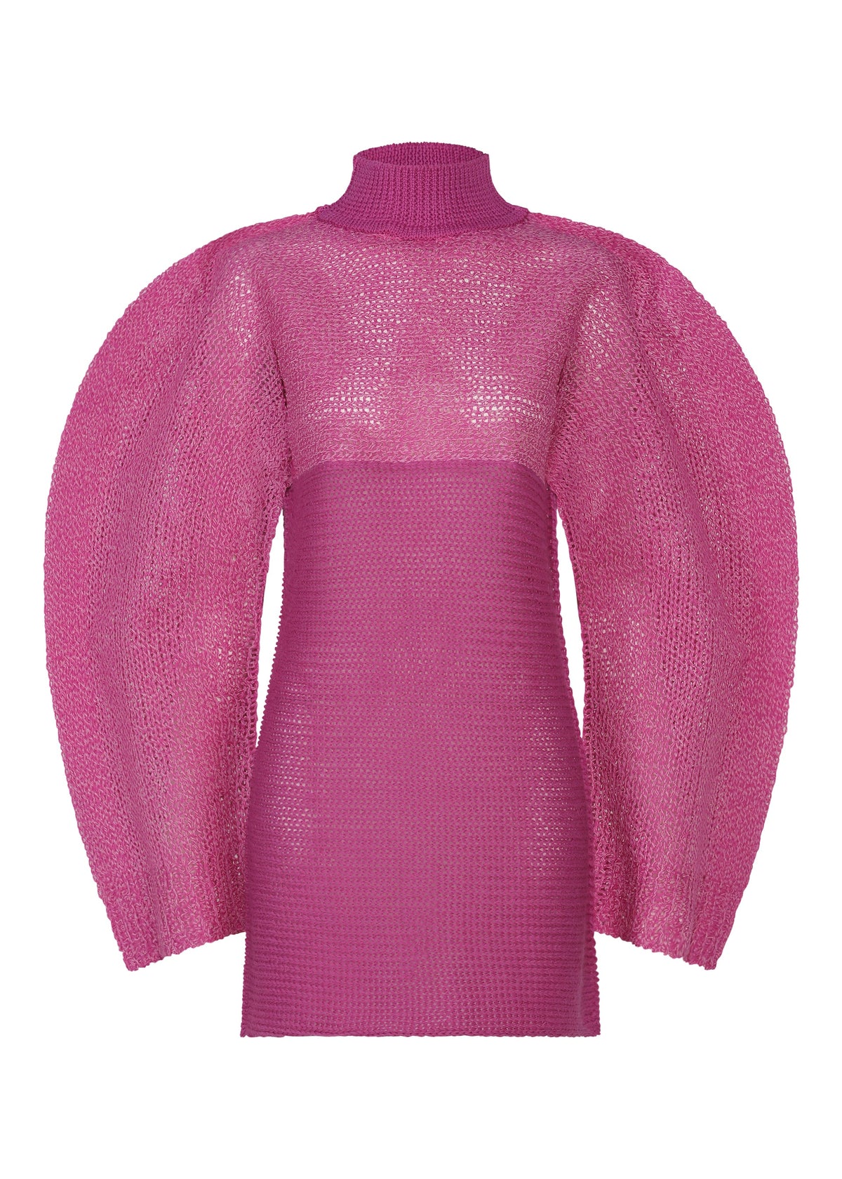 A bright magenta ISSEY MIYAKE PANINI PULLED dress with a high neck, voluminous textured sleeves, and a fitted mini silhouette featuring sheer and solid fabric sections for a bold modern look. view 2 of 6