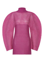 A bright magenta ISSEY MIYAKE PANINI PULLED dress with a high neck, voluminous textured sleeves, and a fitted mini silhouette featuring sheer and solid fabric sections for a bold modern look. - PINK （no.22）