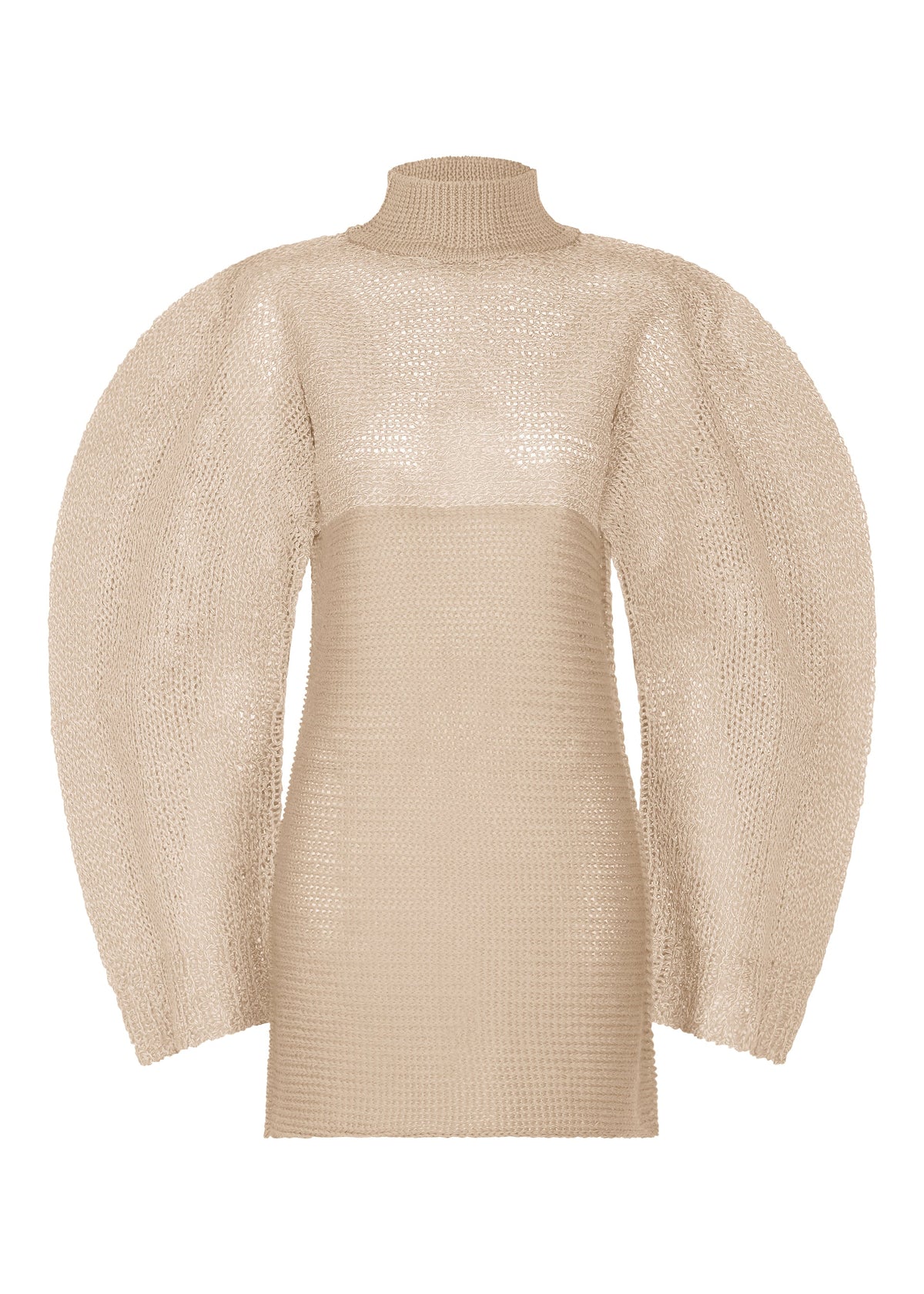 The PANINI PULLED by ISSEY MIYAKE is a beige, long-sleeved mini dress with textured, semi-sheer fabric, a high neckline, and voluminous balloon sleeves for a chic, modern look. view 3 of 6