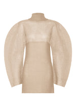 The PANINI PULLED by ISSEY MIYAKE is a beige, long-sleeved mini dress with textured, semi-sheer fabric, a high neckline, and voluminous balloon sleeves for a chic, modern look. - LIGHT BEIGE （no.40）