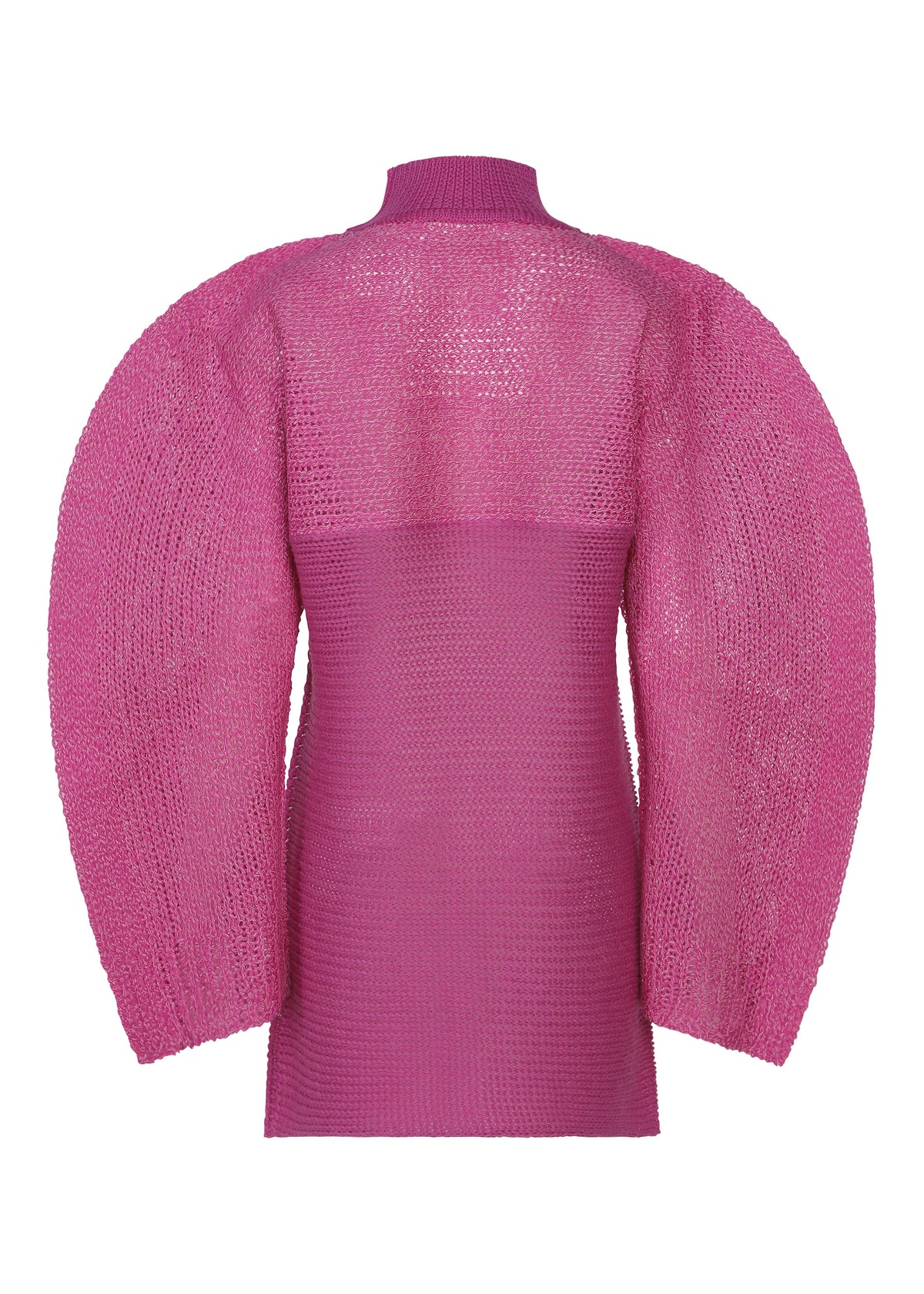 Zoomed view The ISSEY MIYAKE PANINI PULLED is a bright pink long-sleeved knit tunic with voluminous sleeves and a high neckline, crafted from a luxurious wool-alpaca blend on a plain white background.