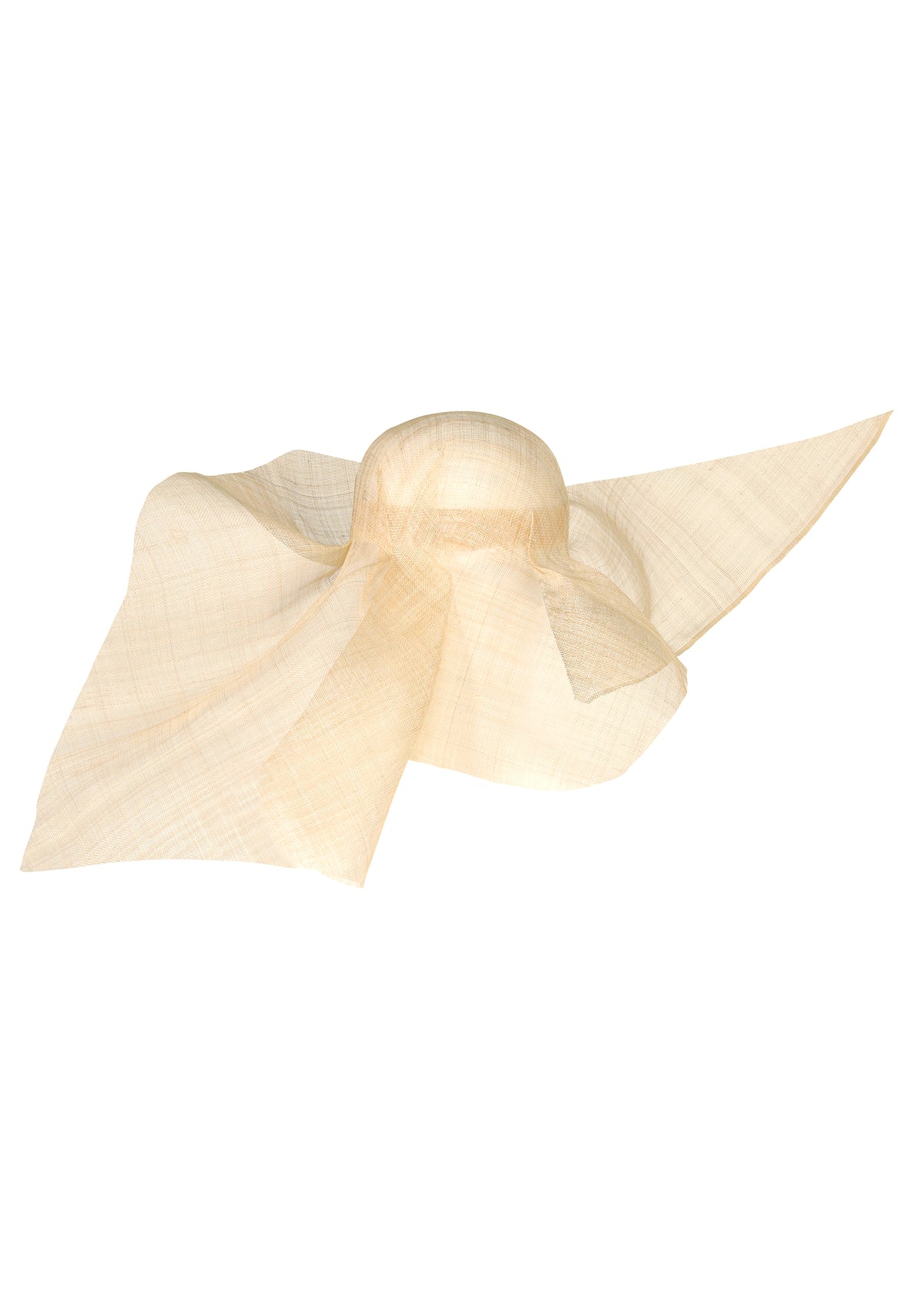 THE UNBOUND HAT by ISSEY MIYAKE is a wide-brimmed, light beige hat crafted from sheer ABACA sinamay, featuring an oversized flowing bow at the back and showcasing the beauty of natural fiber. view 2 of 2