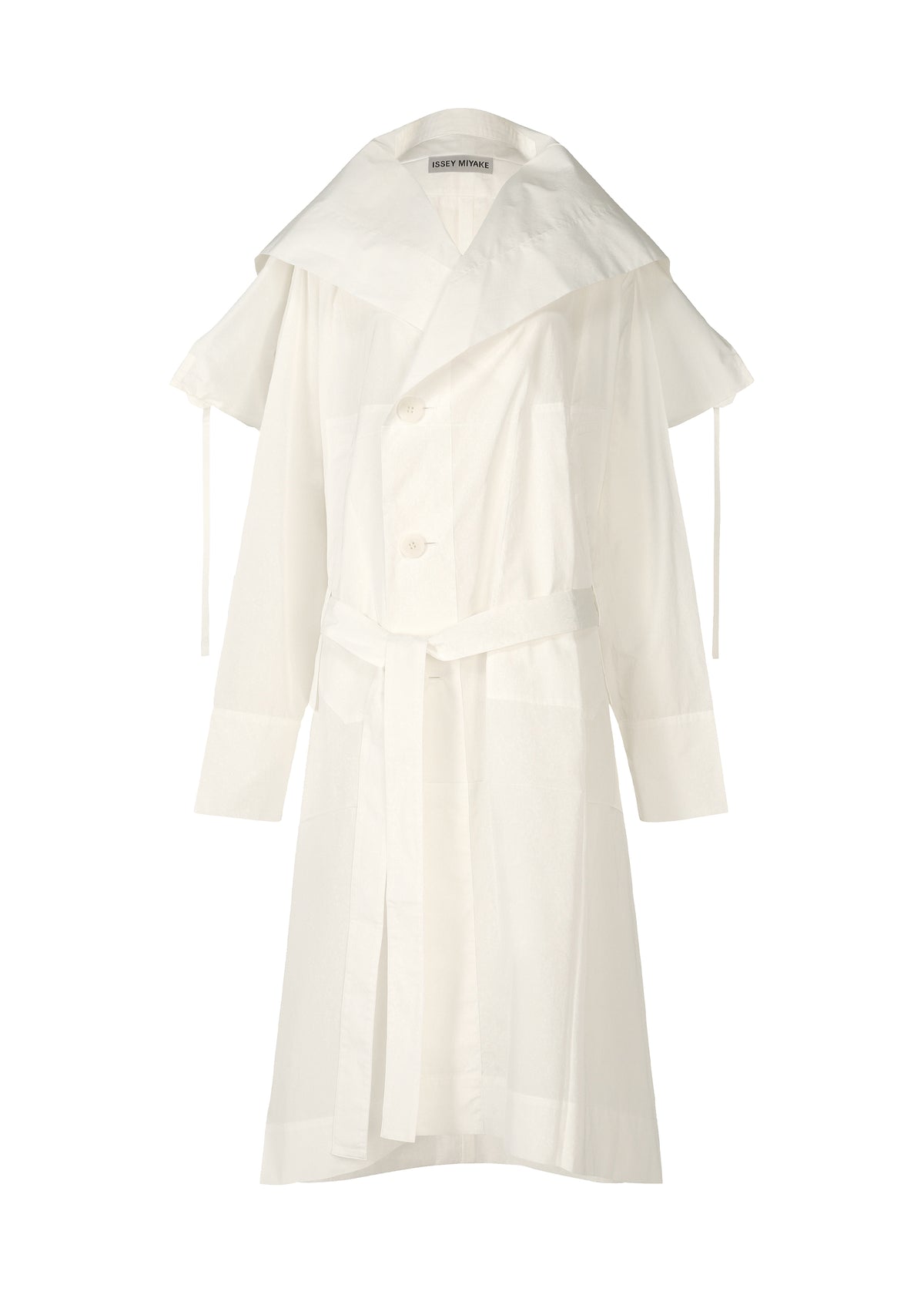 The FOLDING COAT by ISSEY MIYAKE is a long white washi paper coat with a wide collar, shoulder flaps, belted waist, adjustable shoulder ties, button closure, and a semi-sheer, lightweight look. view 2 of 15