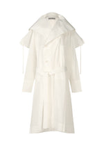The FOLDING COAT by ISSEY MIYAKE is a long white washi paper coat with a wide collar, shoulder flaps, belted waist, adjustable shoulder ties, button closure, and a semi-sheer, lightweight look. - WHITE （no.01）