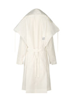 The FOLDING COAT by ISSEY MIYAKE is a white, long-sleeve robe featuring a wide oversized hood, tied waist belt, and a small rectangular back label. Inspired by a lightweight kimono jacket, it is shown against a plain white background.